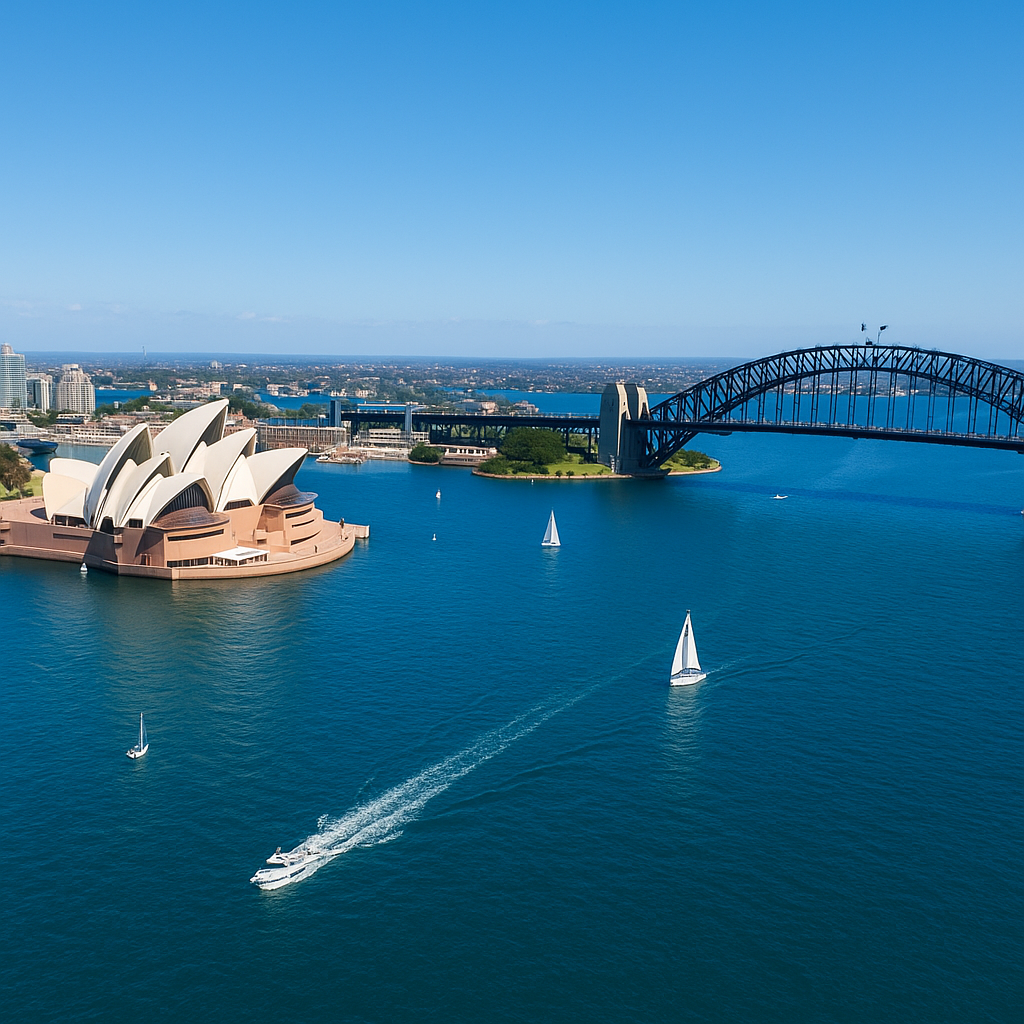 Sydney Harbor Bridge and Opera House aerial view